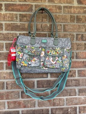 Oilily Gray Floral Paisley Shoulder Bag with Teal Strap